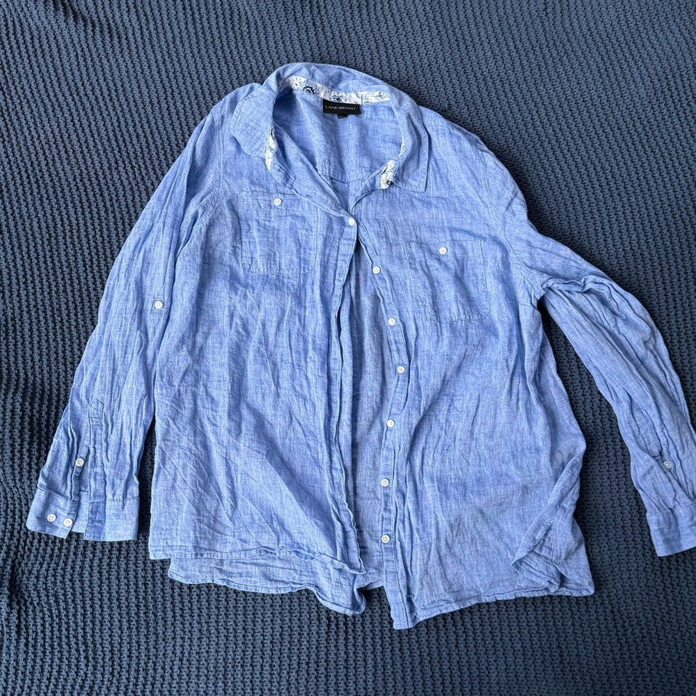 Lane Bryant plus size 18/20 long sleeve button down shirt Light Blue linen tunic